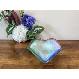 Vintage Murano Art Glass Heart Shaped Bowl Multicolour Swirl‎ Hand Blown Italian